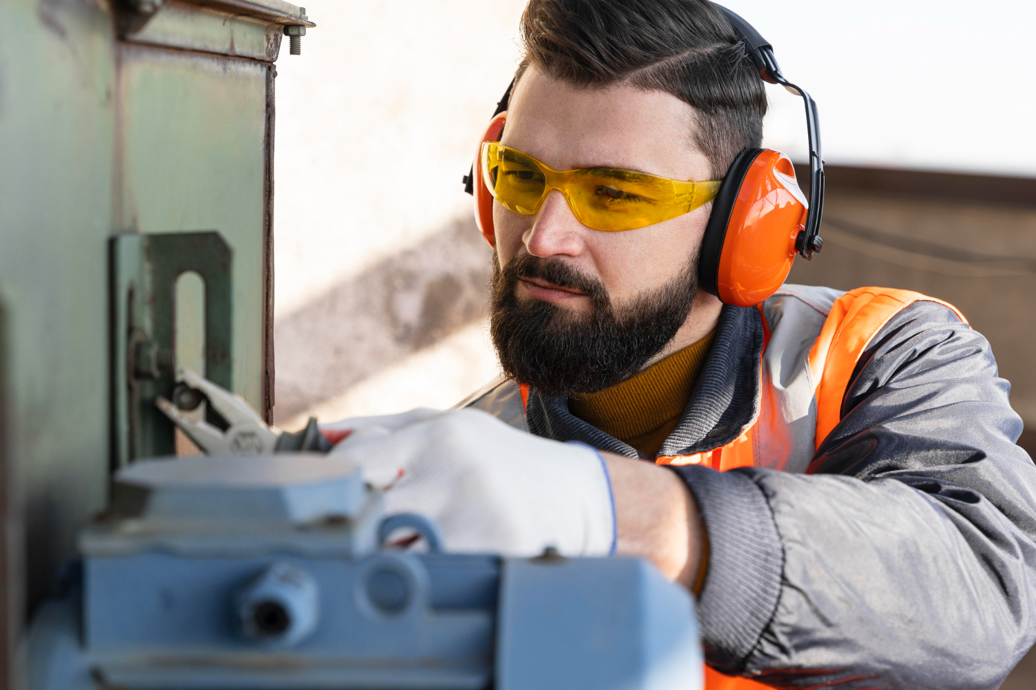 Homme avec un casque travaille sur une machine industrielle