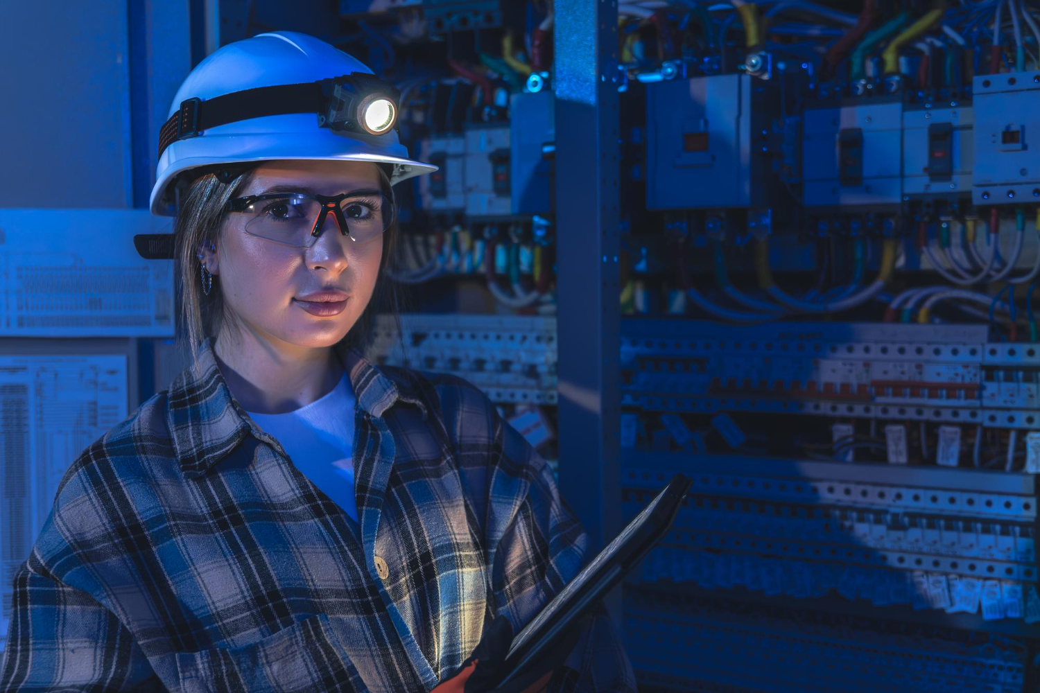 Femme avec un casque et une lampe frontale travaille sur un panneau électrique