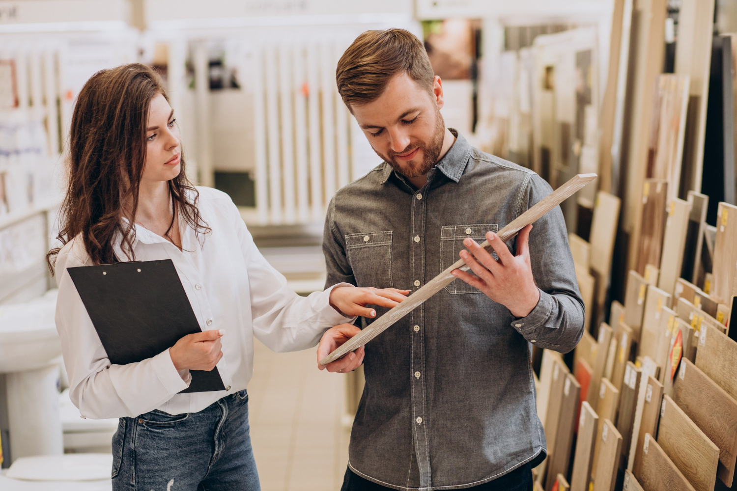 Un vendeur en magasin conseille un client