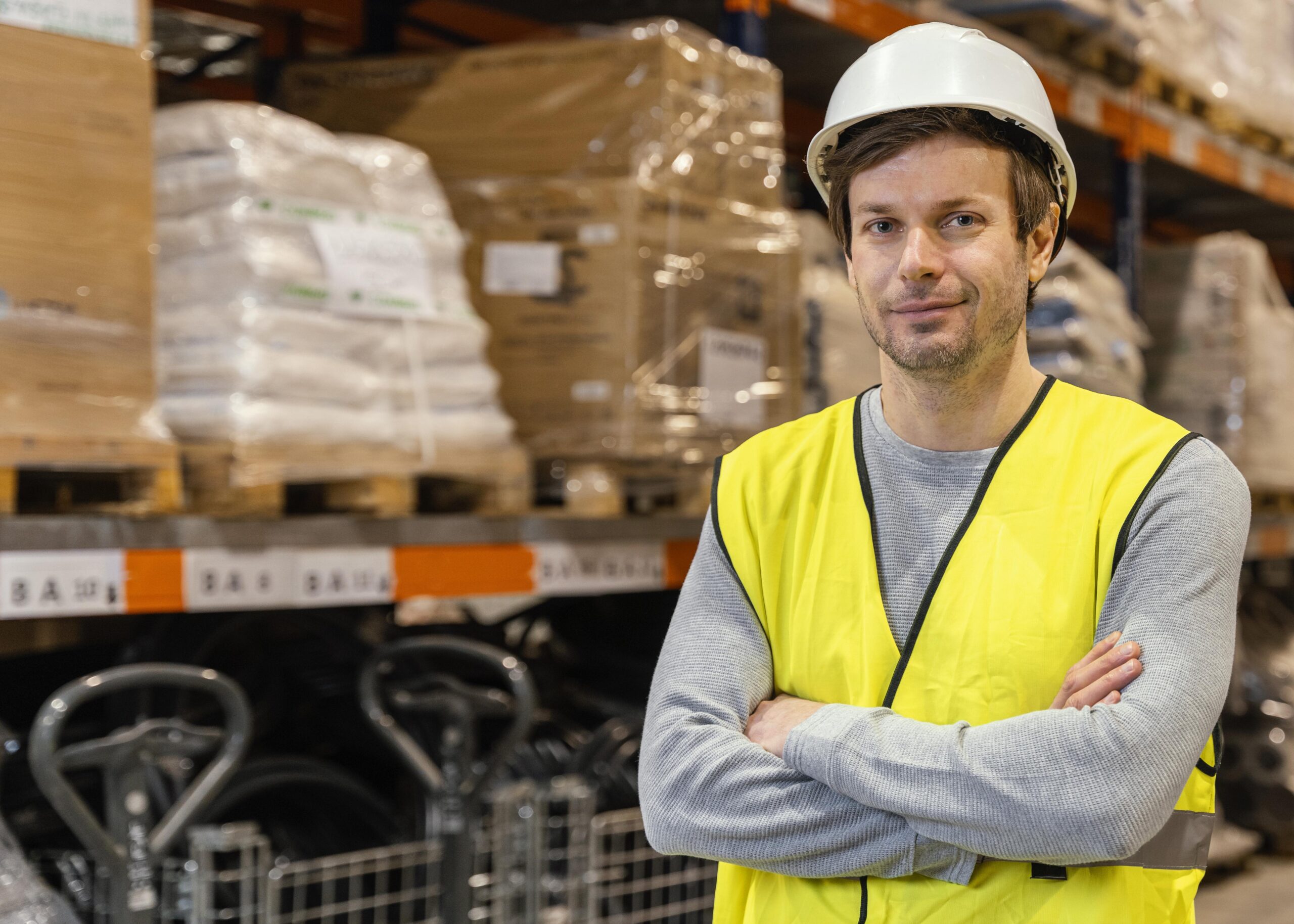 Un homme avec un casque est dans un entrepôt de stockage
